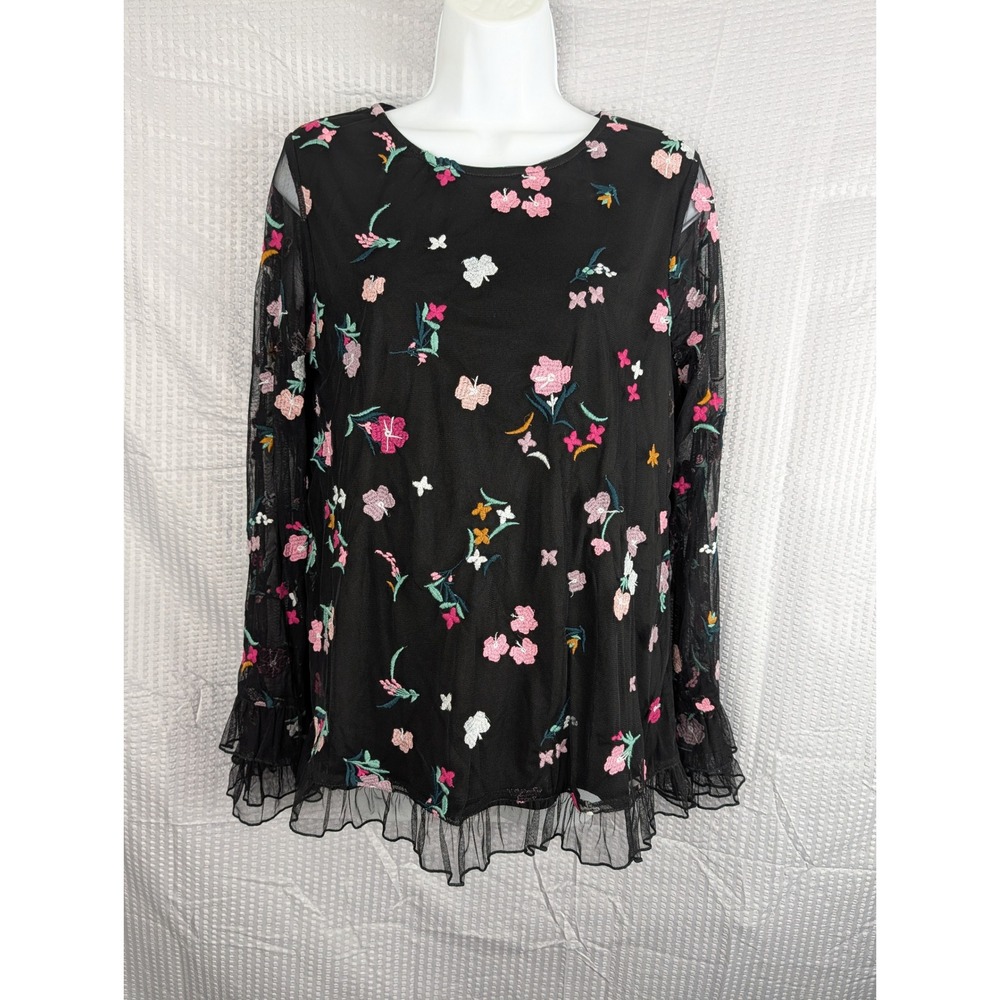 Du Jour Womens Medium Black Mesh Floral Embroidered Bell Sleeve Ruffle‎ Hem Top
